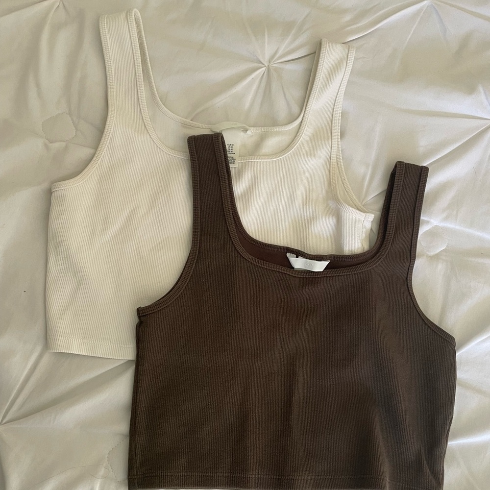 White and Brown Ribbed Crop Tank Top